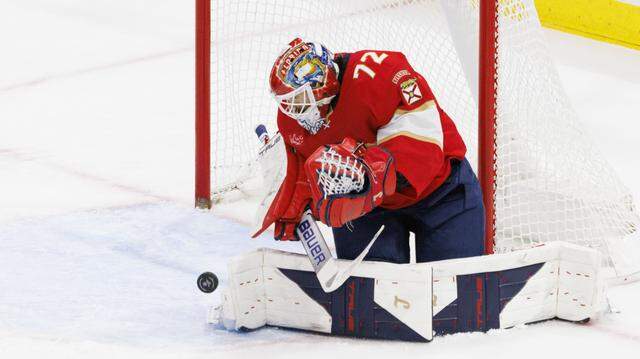 Florida Panthers goaltender Sergei Bobrovsky (72) blocks a shot on goal during the third period of a game against the Utah Mammoth on Tuesday, Jan. 27, 2026, at Amerant Bank Arena in Sunrise, Fla. The Utah Mammoth beat the Florida Panthers 4-3.
